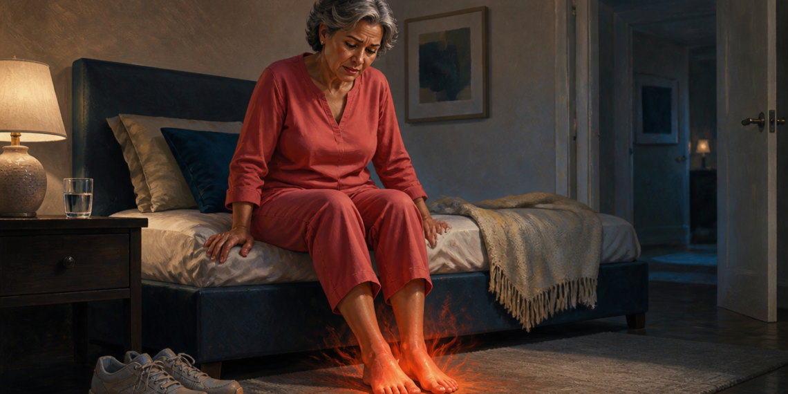 Mujer mayor sentada en el borde de la cama durante la noche mira sus pies descalzos, con un efecto visual de ardor en las plantas, junto a unas zapatillas deportivas y un vaso de agua.