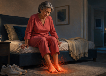 Mujer mayor sentada en el borde de la cama durante la noche mira sus pies descalzos, con un efecto visual de ardor en las plantas, junto a unas zapatillas deportivas y un vaso de agua.