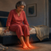 Mujer mayor sentada en el borde de la cama durante la noche mira sus pies descalzos, con un efecto visual de ardor en las plantas, junto a unas zapatillas deportivas y un vaso de agua.