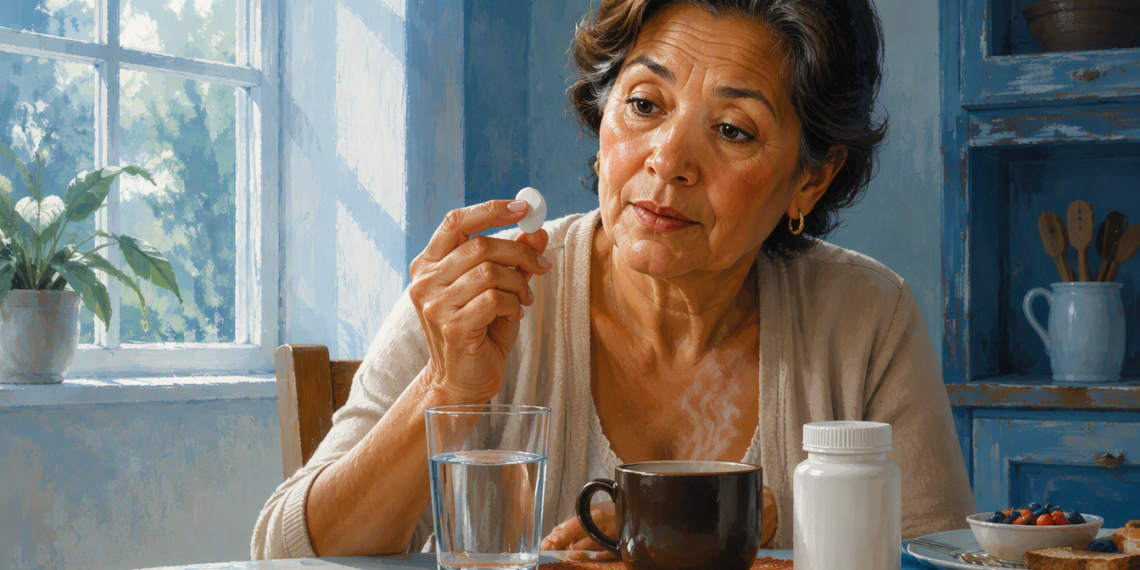 Mujer de mediana edad observa una pastilla blanca que sostiene con la mano mientras está sentada ante un vaso de agua, una taza de café y un frasco blanco.