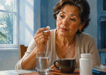 Mujer de mediana edad observa una pastilla blanca que sostiene con la mano mientras está sentada ante un vaso de agua, una taza de café y un frasco blanco.