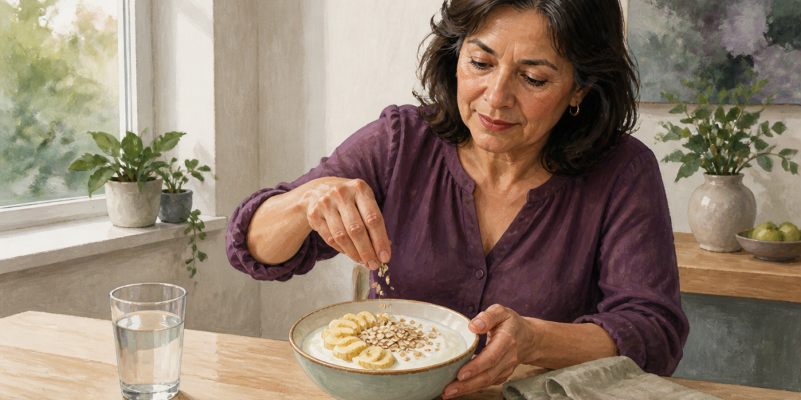 Mujer preparando un cuenco con una base cremosa, rodajas de plátano, avena y semillas, acompañado por un vaso de agua en una cocina luminosa.