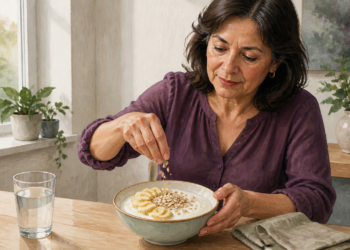 Mujer preparando un cuenco con una base cremosa, rodajas de plátano, avena y semillas, acompañado por un vaso de agua en una cocina luminosa.