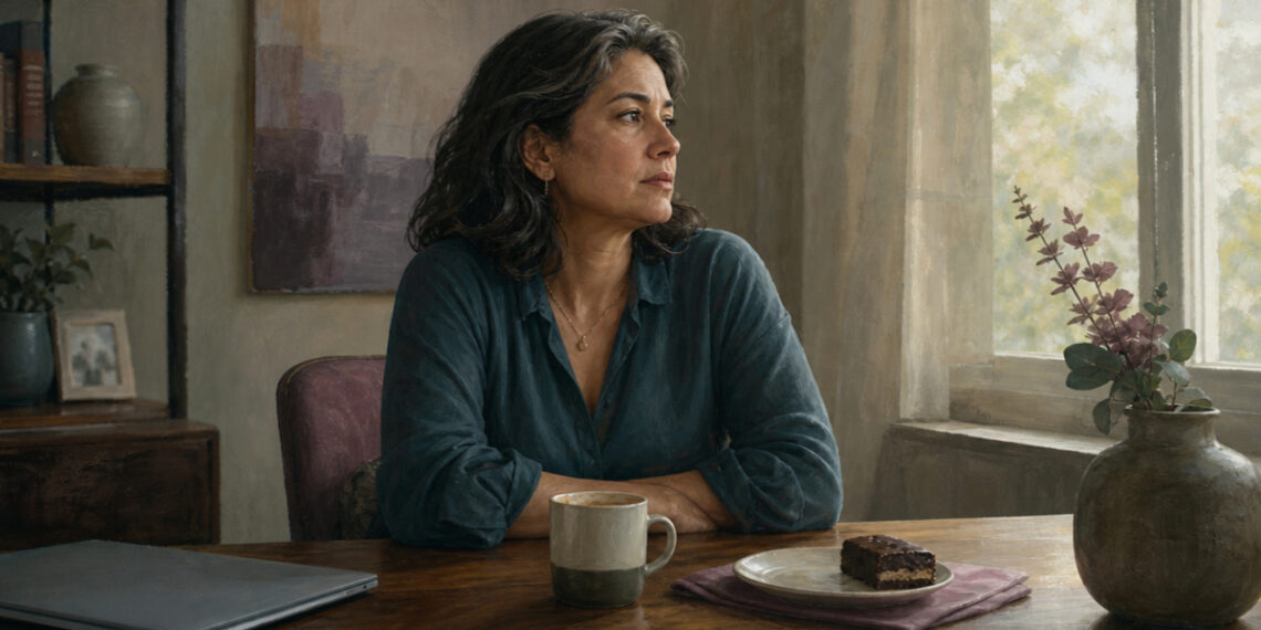 Mujer de mediana edad sentada a una mesa junto a una ventana, con expresión pensativa, una taza, un pequeño postre y un ordenador portátil cerrado.