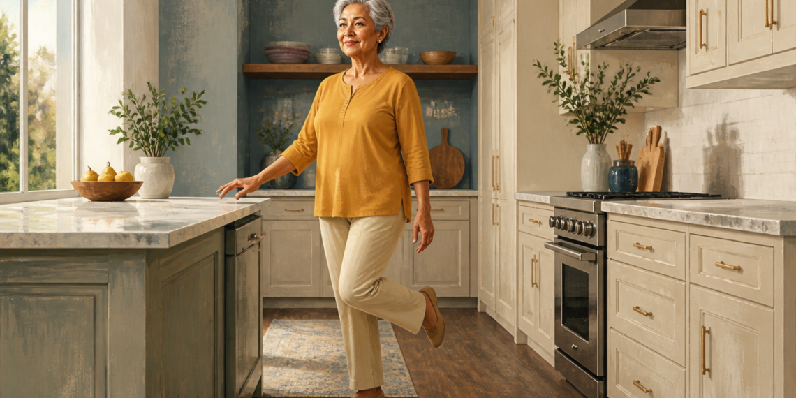 Mujer mayor de pie en una cocina, apoyando una mano sobre la encimera mientras mantiene una pierna elevada para practicar el equilibrio.
