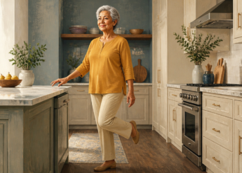 Mujer mayor de pie en una cocina, apoyando una mano sobre la encimera mientras mantiene una pierna elevada para practicar el equilibrio.