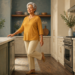 Mujer mayor de pie en una cocina, apoyando una mano sobre la encimera mientras mantiene una pierna elevada para practicar el equilibrio.