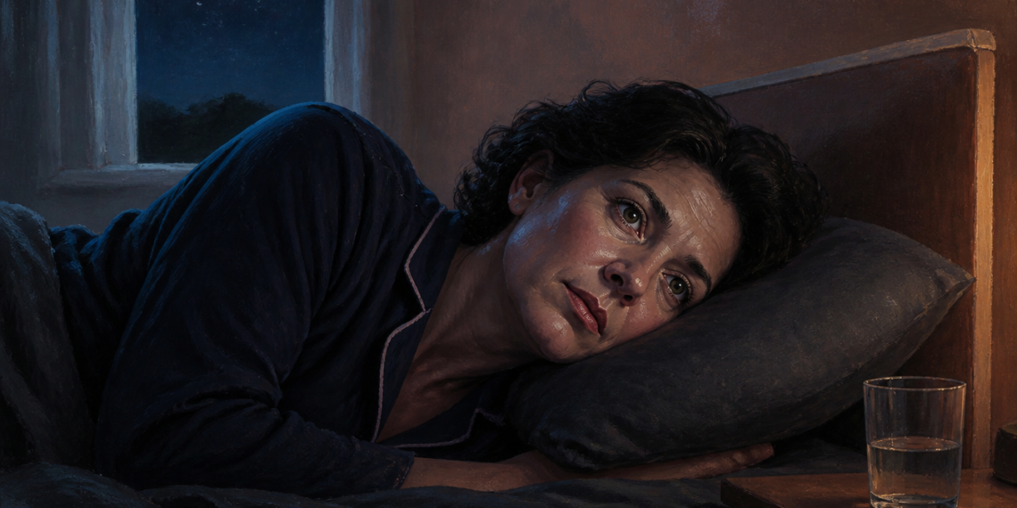 Mujer despierta acostada de lado con la cabeza apoyada sobre la almohada durante la noche, junto a un vaso de agua sobre la mesita.