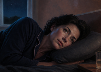 Mujer despierta acostada de lado con la cabeza apoyada sobre la almohada durante la noche, junto a un vaso de agua sobre la mesita.
