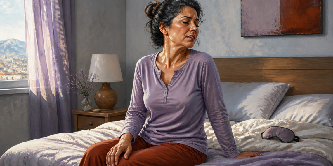 Mujer sentada en la cama al despertar, girando el cuello con gesto de dolor en un dormitorio luminoso, en una escena relacionada con el dolor de cuello matutino.