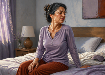 Mujer sentada en la cama al despertar, girando el cuello con gesto de dolor en un dormitorio luminoso, en una escena relacionada con el dolor de cuello matutino.