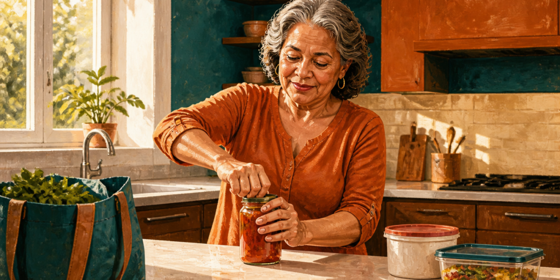 Mujer mayor abre un frasco con ambas manos en la cocina, junto a recipientes de alimentos y una bolsa con verduras.