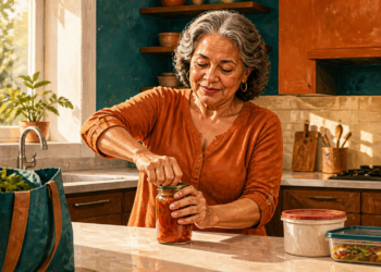 Mujer mayor abre un frasco con ambas manos en la cocina, junto a recipientes de alimentos y una bolsa con verduras.