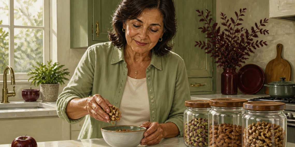 Mujer en una cocina añade frutos secos a un cuenco, junto a frascos con pistachos, almendras y nueces sobre la encimera.