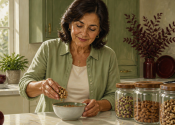 Mujer en una cocina añade frutos secos a un cuenco, junto a frascos con pistachos, almendras y nueces sobre la encimera.