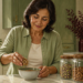 Mujer en una cocina añade frutos secos a un cuenco, junto a frascos con pistachos, almendras y nueces sobre la encimera.