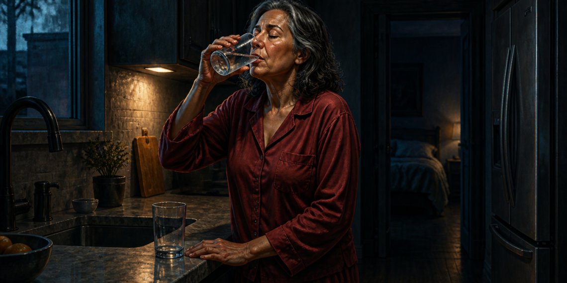 Mujer madura con pijama rojo bebe un vaso de agua en una cocina oscura durante la madrugada, con otro vaso sobre la encimera y el dormitorio al fondo.