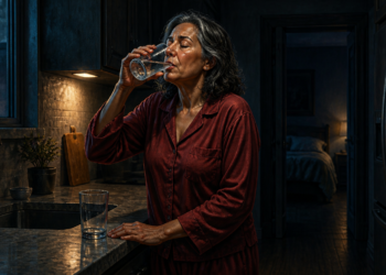 Mujer madura con pijama rojo bebe un vaso de agua en una cocina oscura durante la madrugada, con otro vaso sobre la encimera y el dormitorio al fondo.