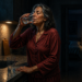 Mujer madura con pijama rojo bebe un vaso de agua en una cocina oscura durante la madrugada, con otro vaso sobre la encimera y el dormitorio al fondo.