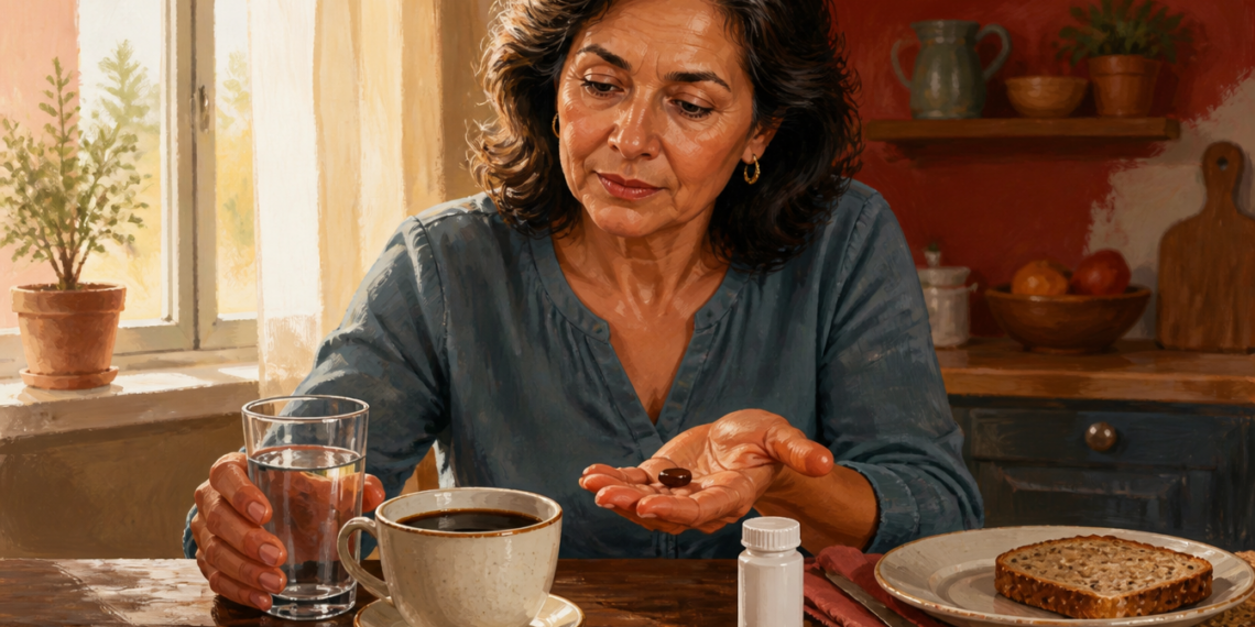 Mujer de mediana edad sentada a la mesa con un vaso de agua, una taza de café y una pastilla en la mano, junto a un pequeño frasco y una rebanada de pan.