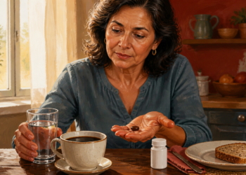 Mujer de mediana edad sentada a la mesa con un vaso de agua, una taza de café y una pastilla en la mano, junto a un pequeño frasco y una rebanada de pan.