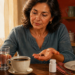 Mujer de mediana edad sentada a la mesa con un vaso de agua, una taza de café y una pastilla en la mano, junto a un pequeño frasco y una rebanada de pan.