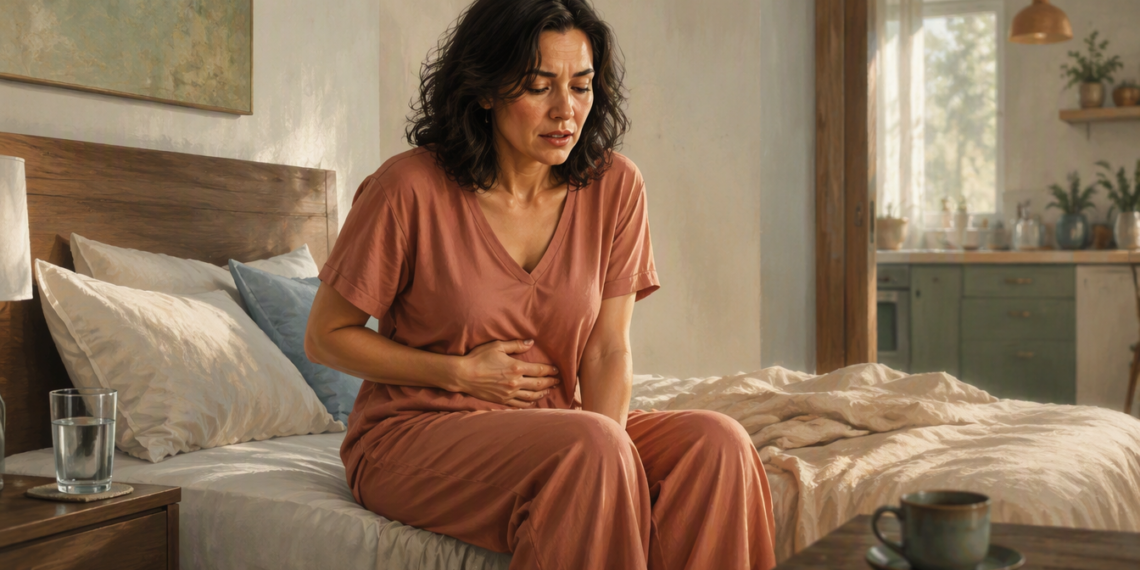 Mujer sentada en el borde de la cama al despertar, con una mano sobre el abdomen y gesto de malestar, junto a un vaso de agua en la mesita de noche.