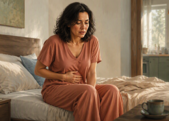 Mujer sentada en el borde de la cama al despertar, con una mano sobre el abdomen y gesto de malestar, junto a un vaso de agua en la mesita de noche.