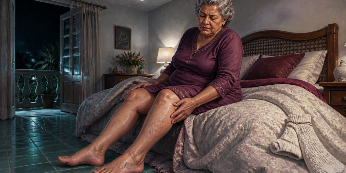 Mujer mayor sentada en el borde de la cama durante la noche, tocándose la parte baja de la pierna, con las piernas descubiertas y unos calcetines sobre la cama en un dormitorio iluminado tenuemente.