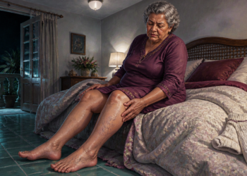 Mujer mayor sentada en el borde de la cama durante la noche, tocándose la parte baja de la pierna, con las piernas descubiertas y unos calcetines sobre la cama en un dormitorio iluminado tenuemente.