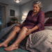 Mujer mayor sentada en el borde de la cama durante la noche, tocándose la parte baja de la pierna, con las piernas descubiertas y unos calcetines sobre la cama en un dormitorio iluminado tenuemente.