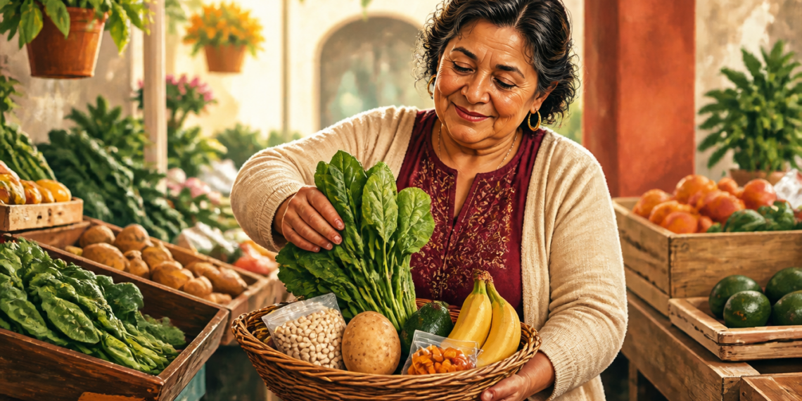 Mujer mayor sostiene una cesta con verduras y frutas en un mercado, mientras elige alimentos frescos como hojas verdes, plátanos, patata y aguacate.