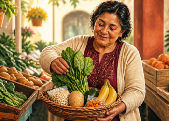 Mujer mayor sostiene una cesta con verduras y frutas en un mercado, mientras elige alimentos frescos como hojas verdes, plátanos, patata y aguacate.