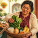 Mujer mayor sostiene una cesta con verduras y frutas en un mercado, mientras elige alimentos frescos como hojas verdes, plátanos, patata y aguacate.