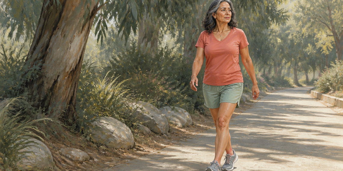 Mujer adulta caminando por un sendero arbolado al aire libre, con ropa deportiva y expresión tranquila, en una escena relacionada con el picor en las piernas durante el ejercicio.
