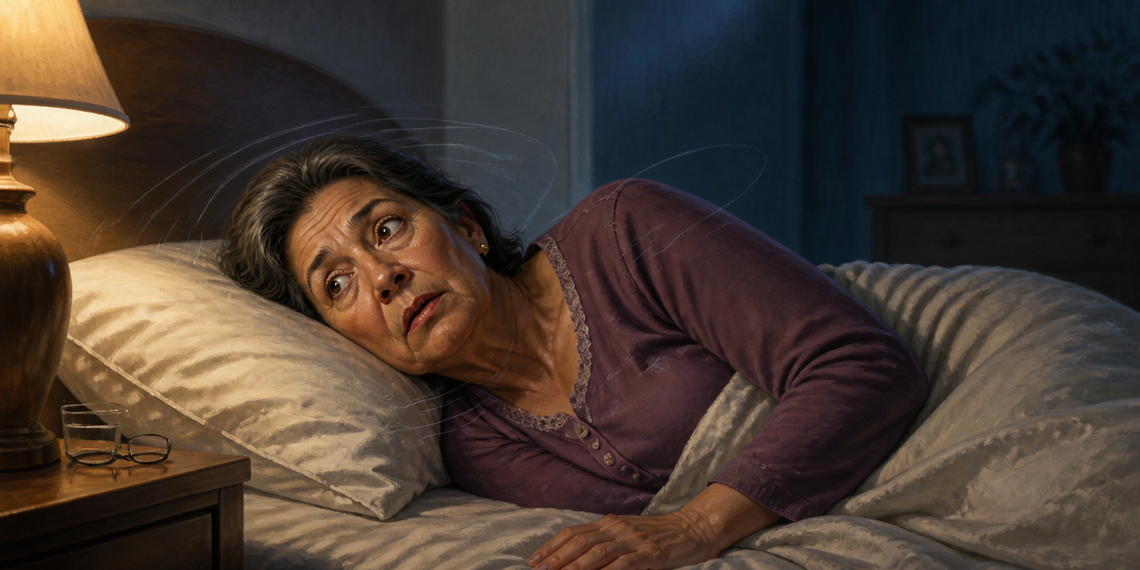 Mujer mayor acostada de lado en la cama durante la noche, con expresión de mareo o desorientación mientras mira hacia un lado.