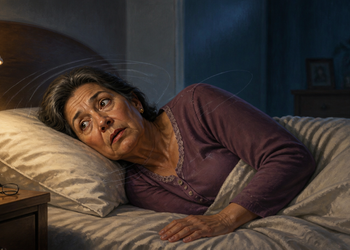 Mujer mayor acostada de lado en la cama durante la noche, con expresión de mareo o desorientación mientras mira hacia un lado.