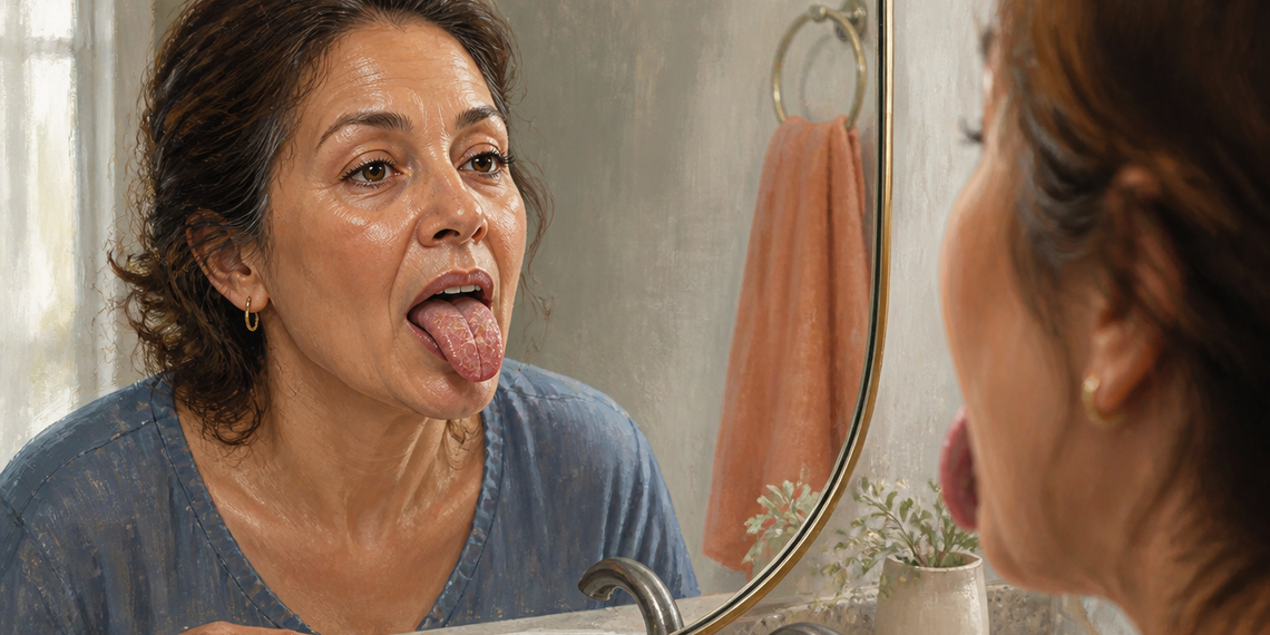 Mujer adulta frente al espejo del baño sacando la lengua para observarla, con un lavabo, una toalla y pequeños elementos decorativos visibles alrededor.