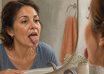Mujer adulta frente al espejo del baño sacando la lengua para observarla, con un lavabo, una toalla y pequeños elementos decorativos visibles alrededor.