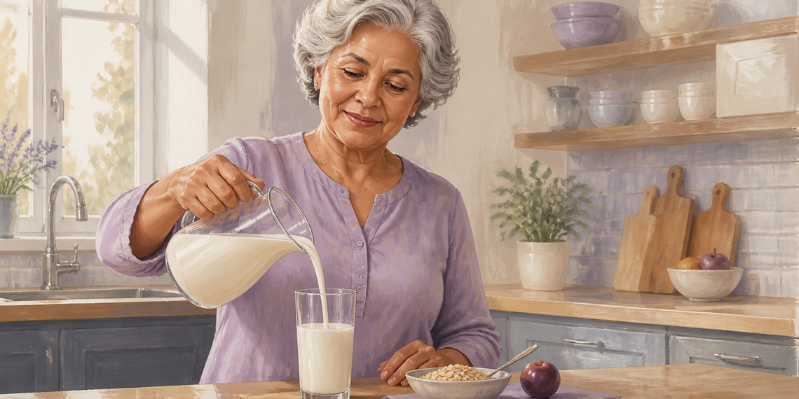 Mujer mayor en una cocina luminosa sirviendo una bebida blanca en un vaso, junto a un cuenco con cereal y fruta sobre la encimera.