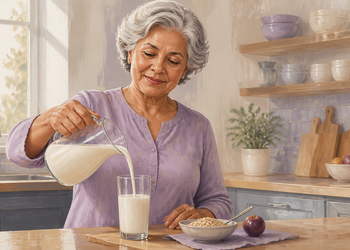 Mujer mayor en una cocina luminosa sirviendo una bebida blanca en un vaso, junto a un cuenco con cereal y fruta sobre la encimera.