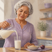 Mujer mayor en una cocina luminosa sirviendo una bebida blanca en un vaso, junto a un cuenco con cereal y fruta sobre la encimera.