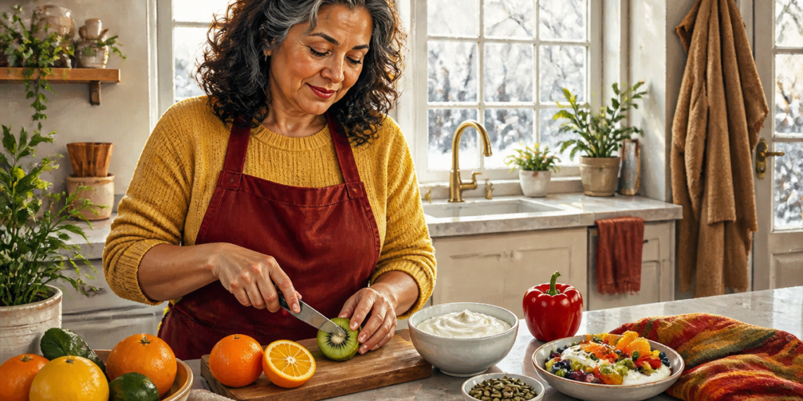 Mujer madura corta un kiwi en una cocina mientras prepara alimentos con cítricos, yogur, semillas, pimiento rojo y frutas para una alimentación de invierno.