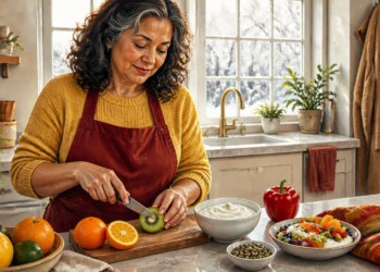 Mujer madura corta un kiwi en una cocina mientras prepara alimentos con cítricos, yogur, semillas, pimiento rojo y frutas para una alimentación de invierno.