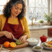 Mujer madura corta un kiwi en una cocina mientras prepara alimentos con cítricos, yogur, semillas, pimiento rojo y frutas para una alimentación de invierno.