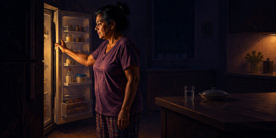 Mujer de mediana edad de pie frente a un refrigerador abierto durante la noche, mirando su interior en una cocina oscura iluminada por la luz cálida del electrodoméstico.