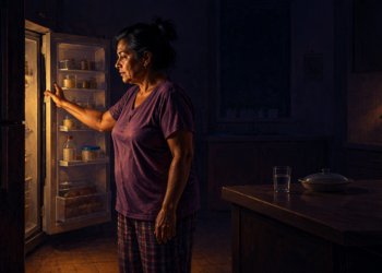 Mujer de mediana edad de pie frente a un refrigerador abierto durante la noche, mirando su interior en una cocina oscura iluminada por la luz cálida del electrodoméstico.
