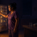 Mujer de mediana edad de pie frente a un refrigerador abierto durante la noche, mirando su interior en una cocina oscura iluminada por la luz cálida del electrodoméstico.