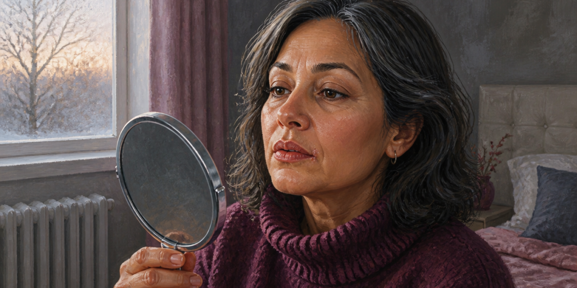 Mujer adulta observando sus labios en un espejo de mano, con sequedad visible alrededor de la boca, dentro de una habitación iluminada por una ventana.