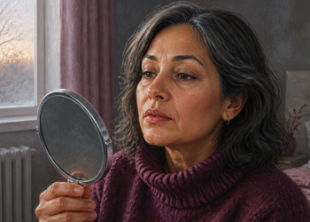 Mujer adulta observando sus labios en un espejo de mano, con sequedad visible alrededor de la boca, dentro de una habitación iluminada por una ventana.